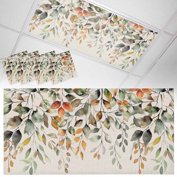 4 Pack Magnetic Fluorescent Light Covers, 2x4 Ft, Fall Sage Green Eucalyptus Leaves Linen Background Magnetic Light Covers for Ceiling Lights Classroom Office Home Decor