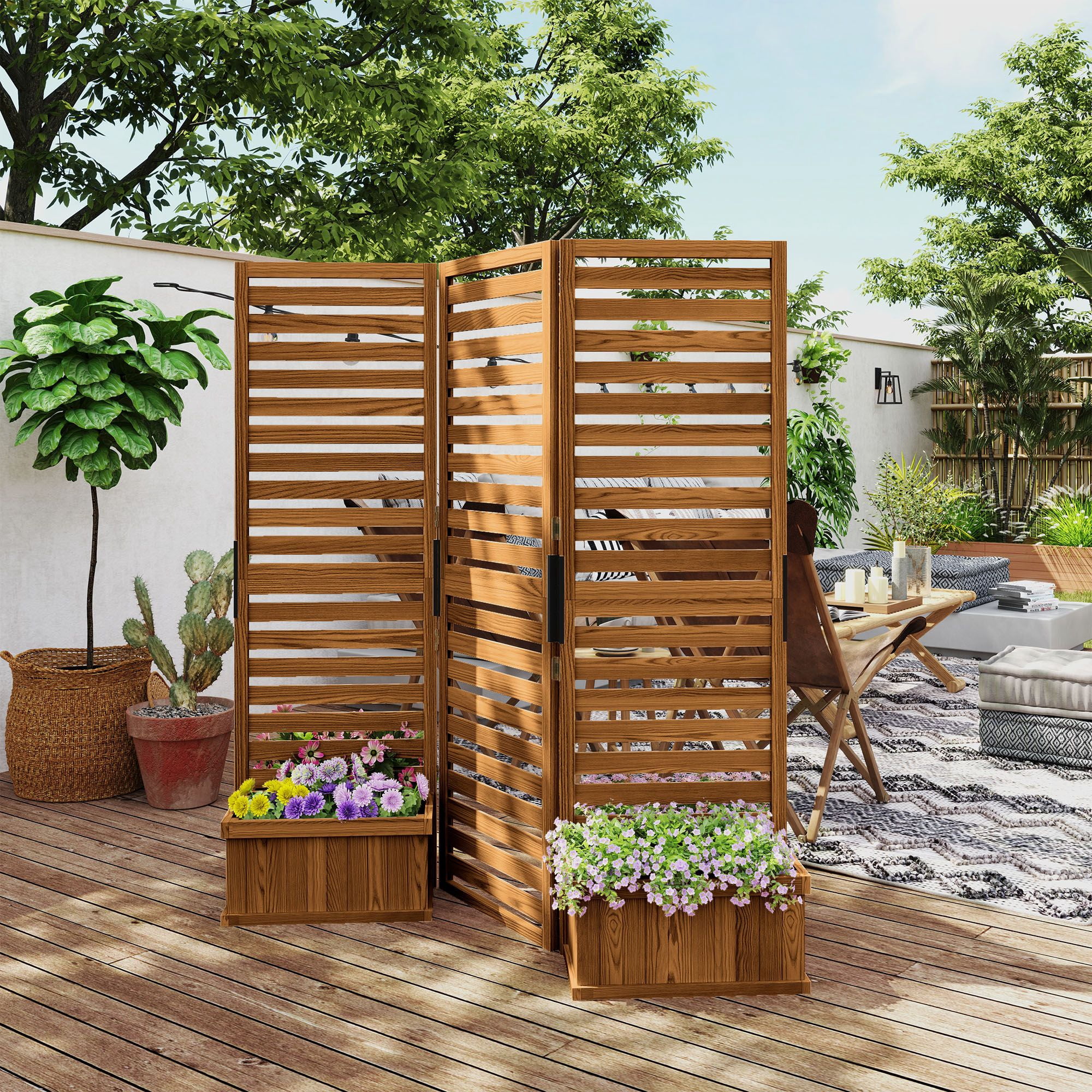 Alvantor 3 Panel Room Divider Wood Privacy Screen w Planter Box for Porch Living Room Dorm Yellow