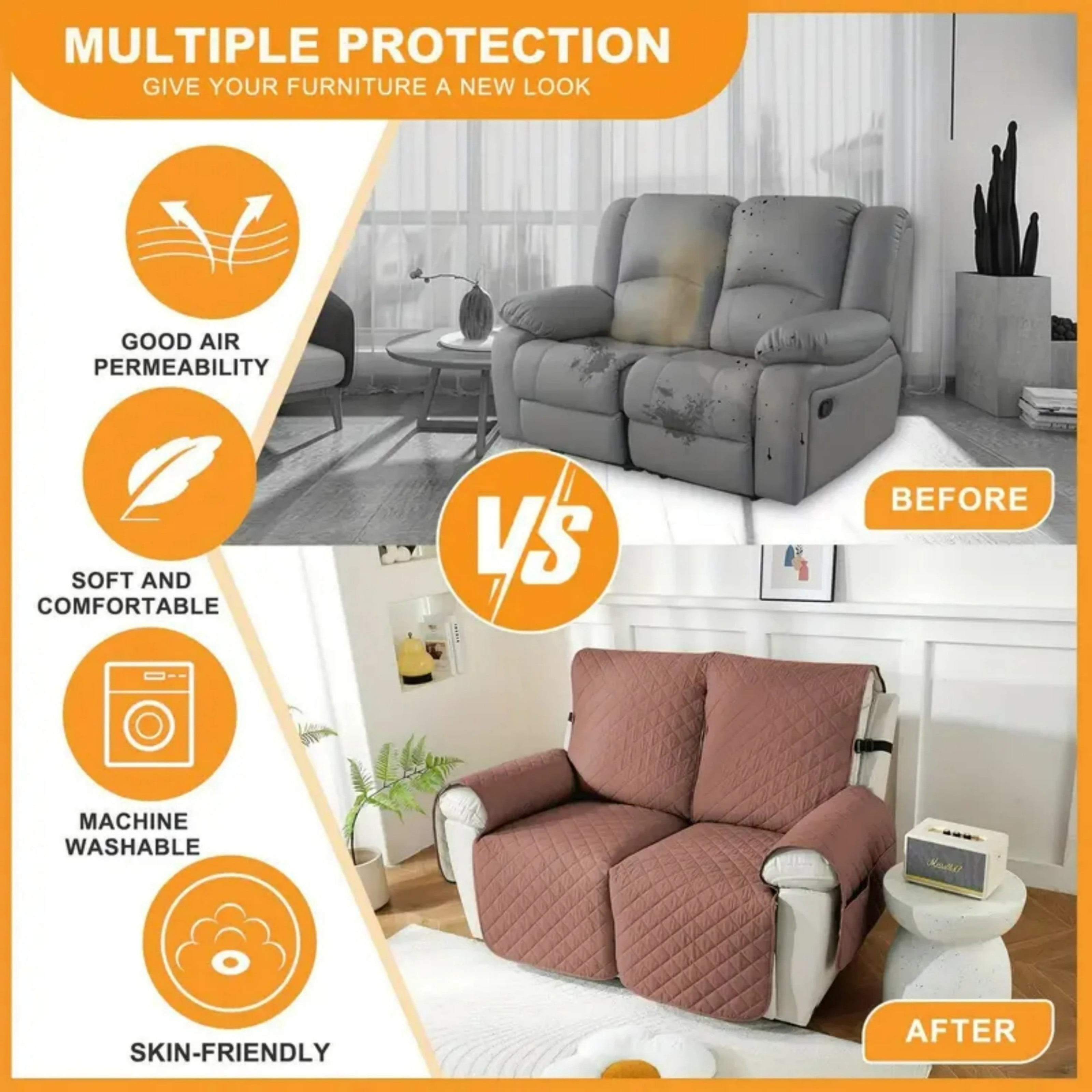 Lavish Cover 100% Waterproof Recliner Loveseat Cover, 2 Pieces Non-Slip Recliner Couch Slipcovers, Washable Furniture Protector with Pockets & Elastic Straps for Kids Pets, 2 Seaters, Beige