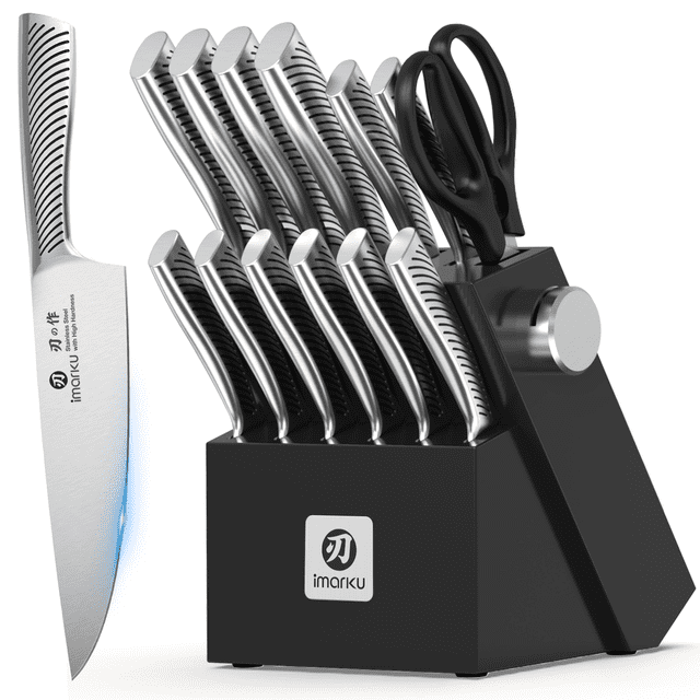 imarku Knife Block Set, 14-Piece Kitchen Knife Set with Built-in Sharpener, Razor Sharp Japanese High Carbon Stainless Steel Knives, Dishwasher Safe, Black