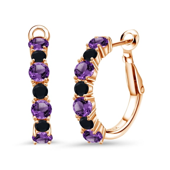 Gem Stone King 18K Rose Gold Plated Silver Purple Amethyst and Black Onyx Hoop Earrings for Women (2.60 Cttw, Gemstone February Birthstone, Round 4MM and 3MM)
