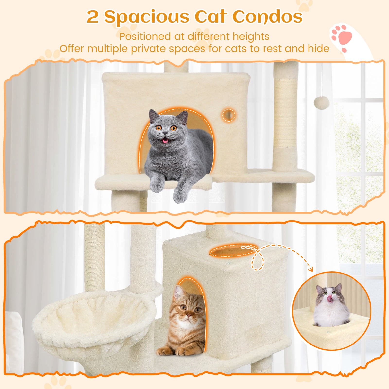 Gymax 80'' Tall Cat Tree w/2 Condos Sisal Scratching Posts Plush Perch Hammock Basket Beige