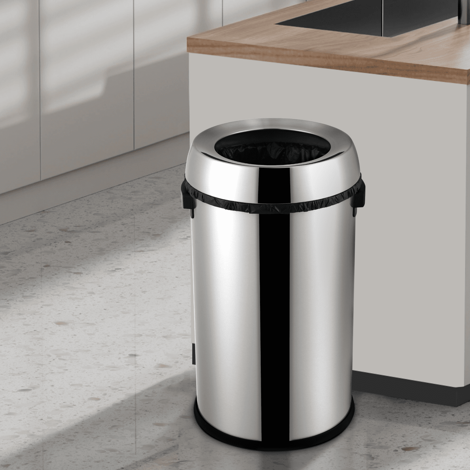Large Open Top Trash Can 17 Gallon, 65 Liter Round Kitchen Garbage Can, Stainless Steel Trash Can, Commercial Trash Bin, Waste Bin, Recycle Bin for Bathroom, Office, Silver