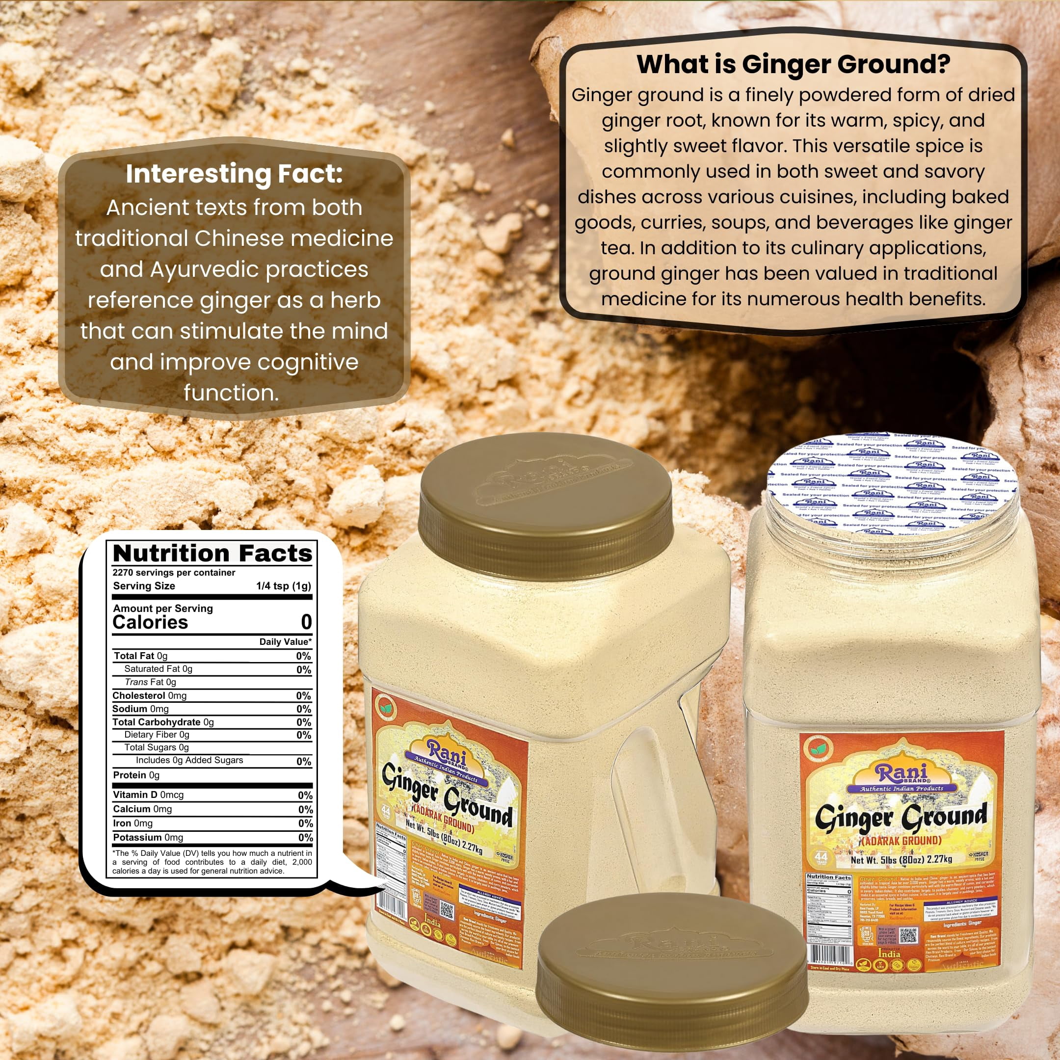 Rani Ginger (Adarak) Powder Ground, Spice 80oz (5lbs) 2.27kg Bulk PET Jar ~ All Natural | Vegan | Gluten Friendly | NON-GMO | Kosher | Indian Origin