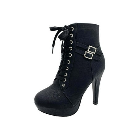 

Ymiytan Ladies Lace Up High Heel Boots Casual Non Slip Round Toe Winter Platform Shoes Black 7.5