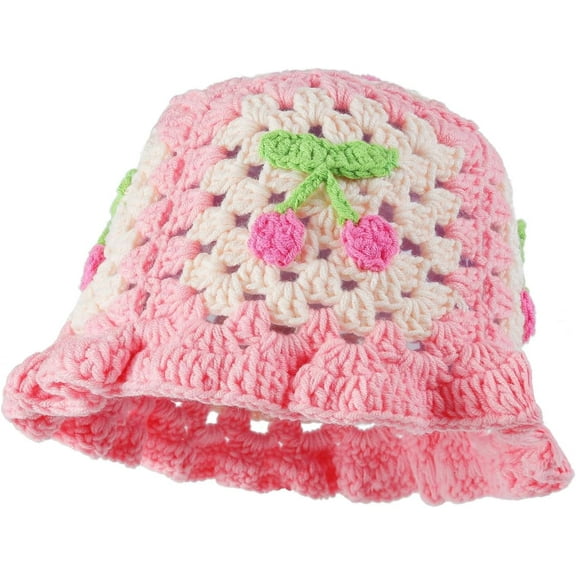 Crochet Bucket Hat for Women Handmade Floral Hat Portable Knitted Elastic Cute Beach Hat for Vacation Traveling