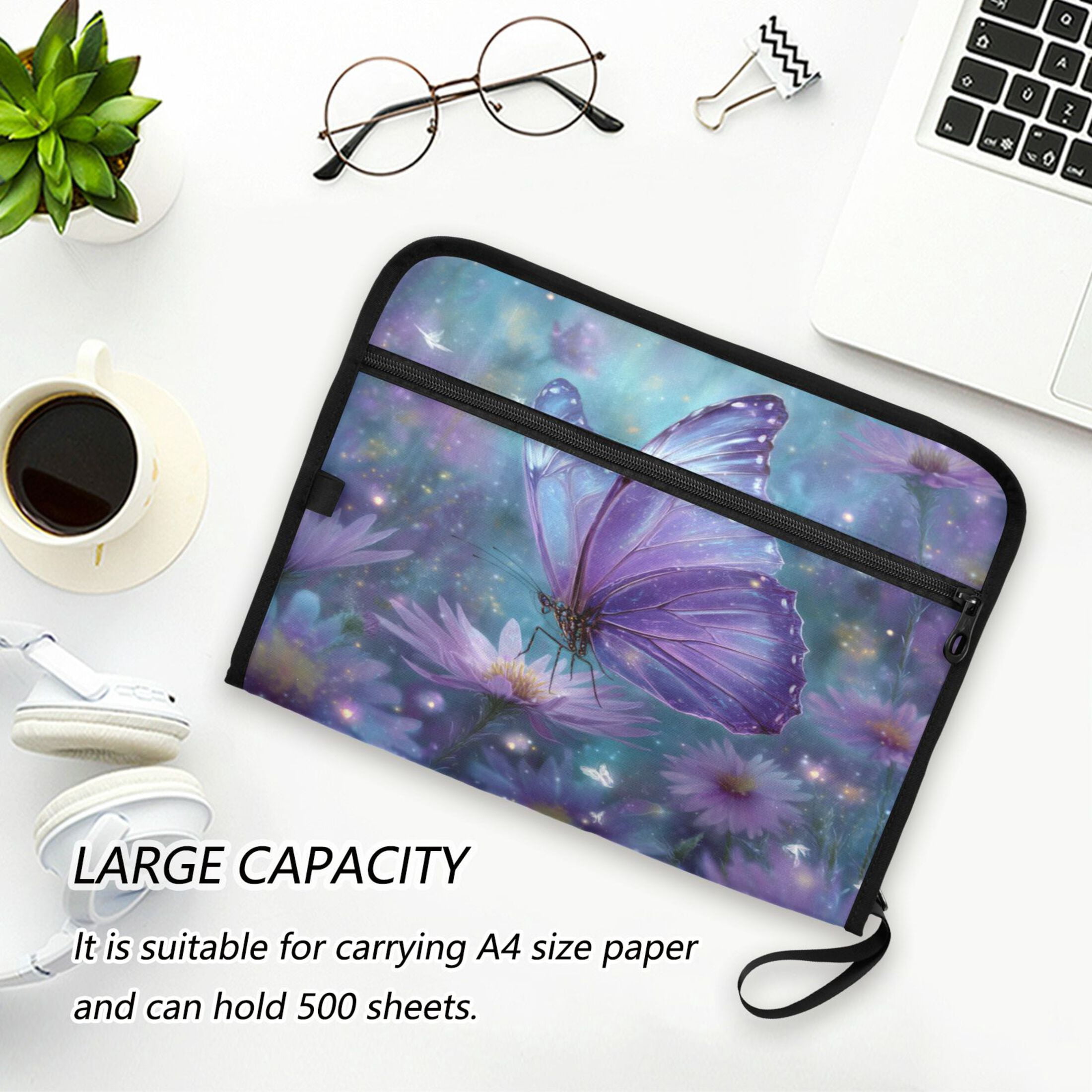 WOBOGO Purple Sparkling Butterfly Expanding File Folder Letter Size Accordion Filing Organizer 13 Pocket Separate Organ Pocket