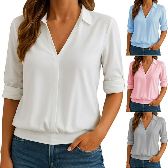 Olyvenn Womens Long Sleeve Pullover Shirts V Neck Lapel Collar Dressy Tops Business Casual Solid Color Work Trendy Blouses White S