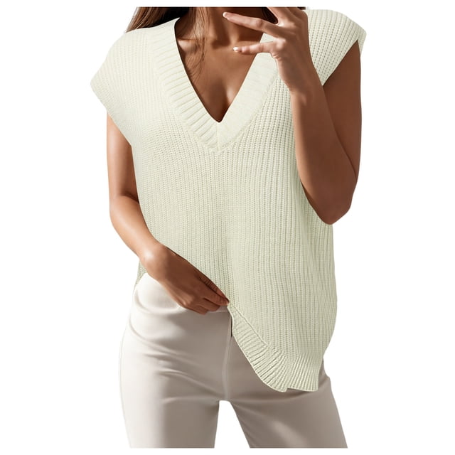 HBFAGFB Tank Tops Womens Fashion Versatile V Neck Ribbed Sleeveless Pullover Sweater Vest White Size M