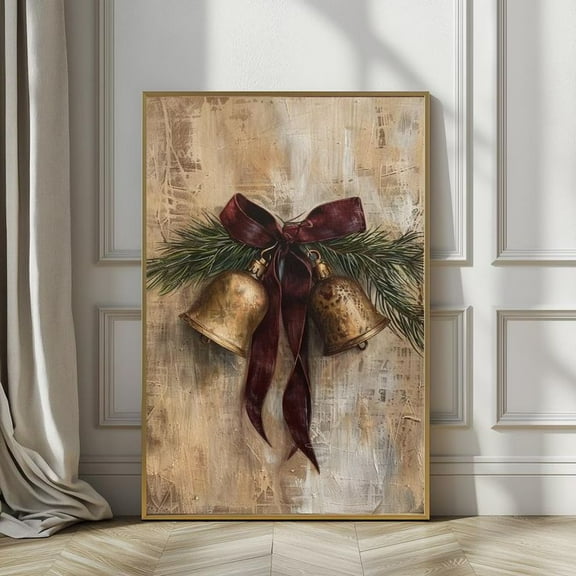 Vintage Holiday Print, Brass Bells Rustic Oil Painting Poster, Size 24''x36''-Gategoo