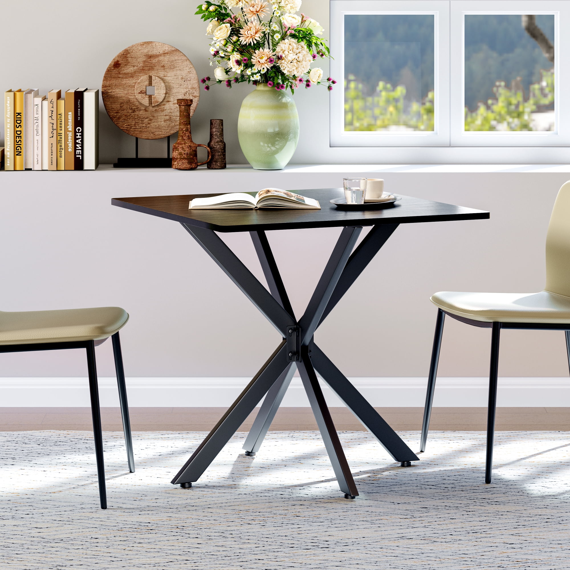 Leumius Rustic Square Side Table, X-Frame Metal Legs with Wood Grain Tabletop, Industrial Accent End Table for Living Room Bedroom Home Office Balck