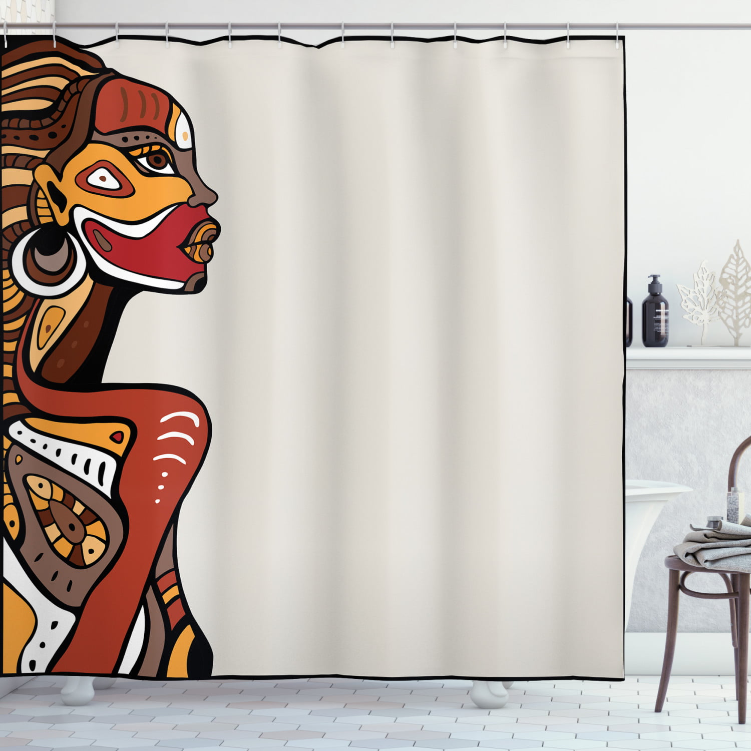 African Woman Black and Savannah Fabric Shower Curtain Set Bath Accessories Mat 