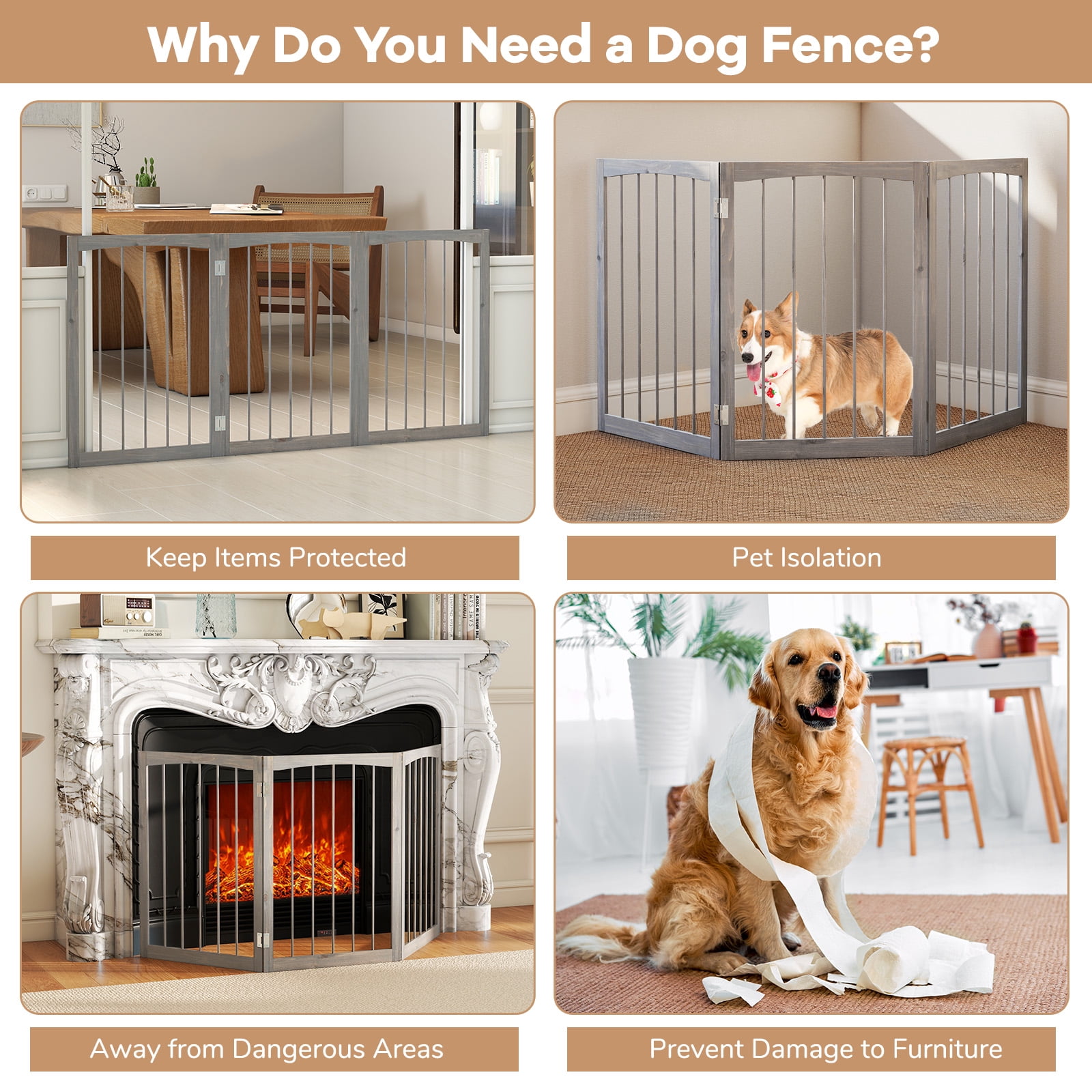 Gymax 30'' Tall Wooden Pet Fence for Indoor House Doorway Hallway Stairs Porch Gray