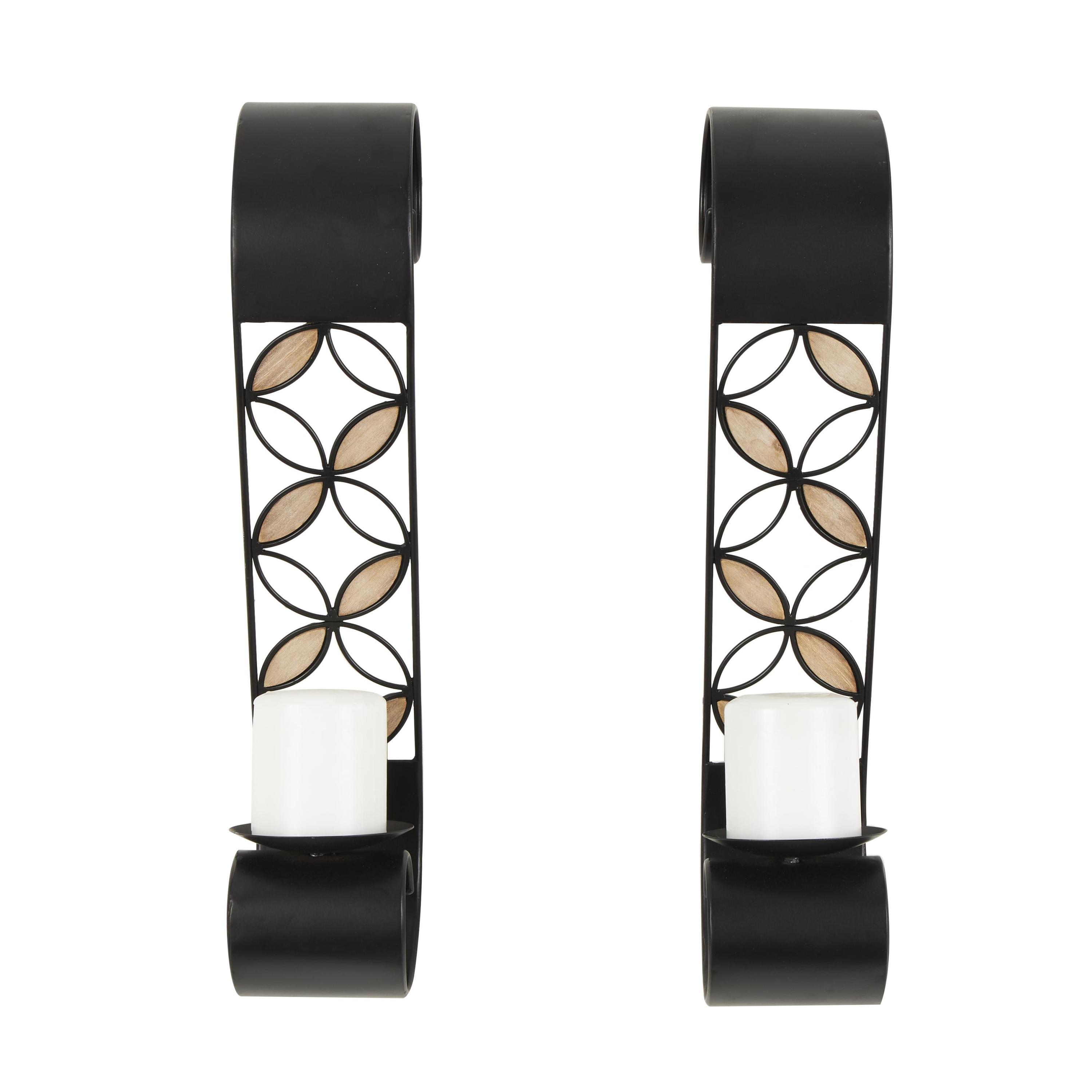 DecMode 2 Holder Black Metal Scroll Wall Sconce with Floral Patterns and Wood Accents, Set of 2