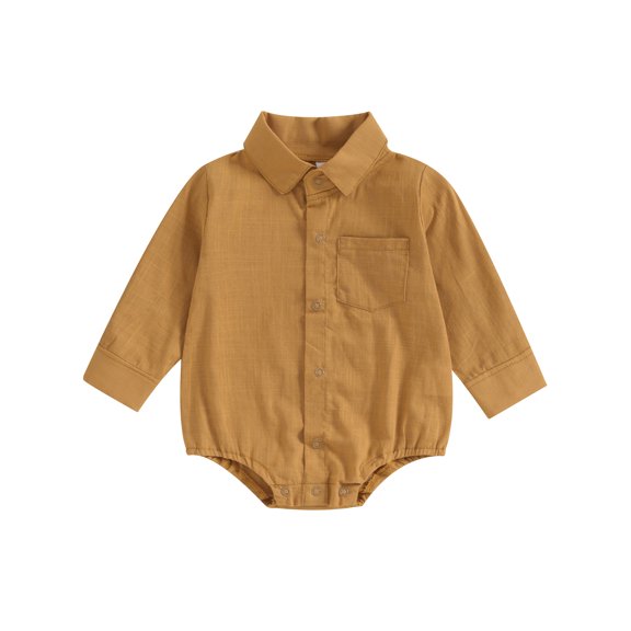 BemeyourBBs Newborn Baby Boy Button Down Shirt Infant Cotton Linen Outfits Long Sleeve Romper Gentleman Lapel Bodysuit with Pocket Spring Summer Fall Clothes