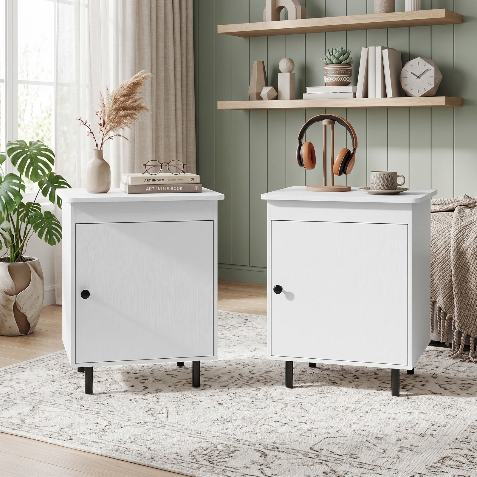 Furnibear Mid Century Nightstand Set of 2 with Enclosed Storage Cabinet and Open Top and Metal Legs for Bedroom and Living Room, White