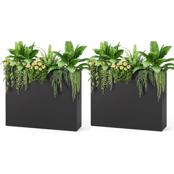 Stoog 38" Metal Tall Rectangular Planters Set of 2 - All-Weather Planter Box for Indoor/Outdoor Use, with Removable Insert Shelf, for Plants, Flowers, Garden, Black