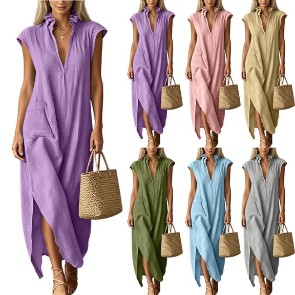 Noric Women's Cotton Sleeveless Maxi Dresses V Neck Casual Solid Color A-Line Side Slit Dresses with Pockets