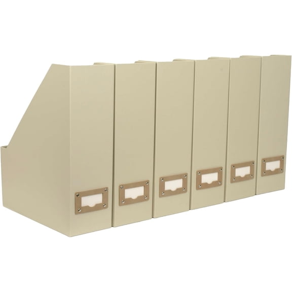Vertical Magazine File Holder Set of 6 with Label Slots Beige Linen Foldable Desk Organizer