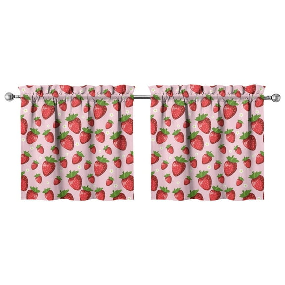 Painted Strawberry Fruit Kitchen Curtains - 2 Piece Cartoon Red Berry Print, 27.5x24 Inch Semi-Sheer Caf Curtains for Small Windows