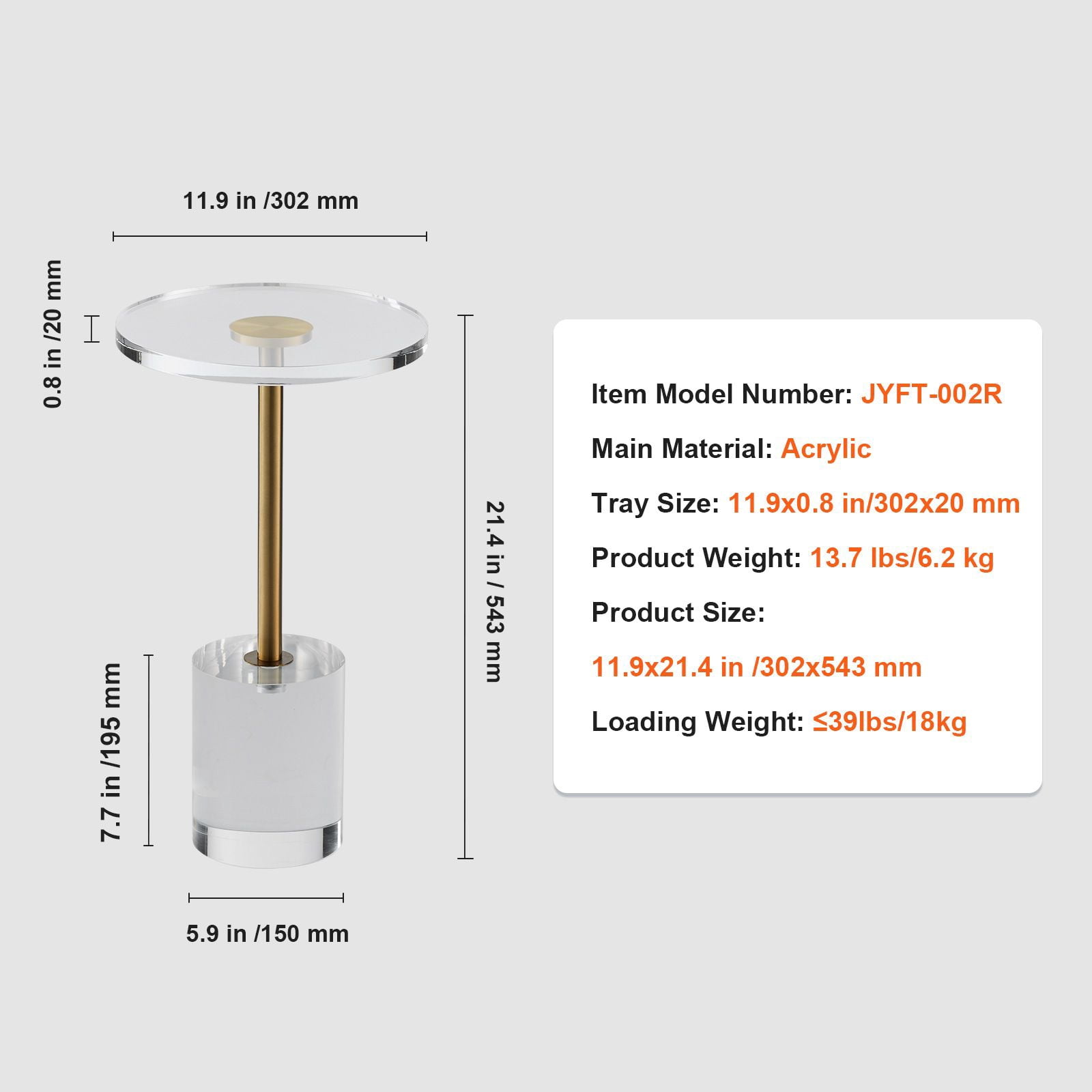 Clear Acrylic End Table, Acrylic Side Table with a Solid Base, 11.9 x 11.9 inch Round Tabletop, 21.4 inch High, for Coffee, Drink, Food, Snack used in Living Room, Bedroom, and Study