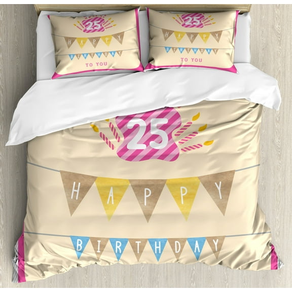 25th Birthday Duvet Cover Set King Size, Pink Framework Cute Flags Letters Burning Candlesticks Gifts Colorful Print, Decorative 3 Piece Bedding Set with 2 Pillow Shams, Multicolor, by Ambesonne