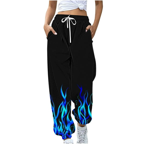 BiZtdJrK Fashion Sweatpants for Women Flame Print Drawstring High Waist Casual Pants Workout Athletic Joggers with Pockets Black M