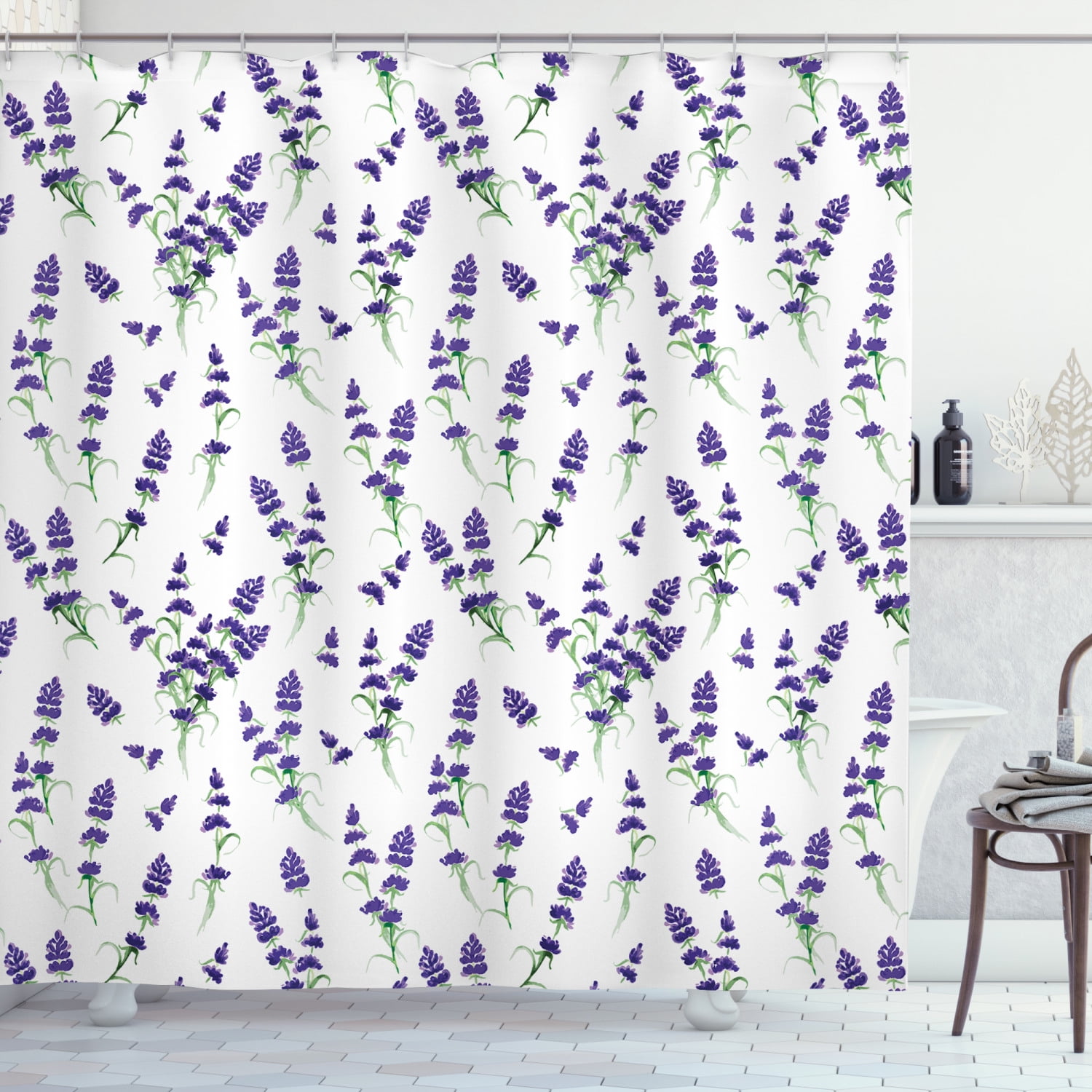 Botanical Shower Curtain, Romantic Watercolor Violet Lavender Bouquet