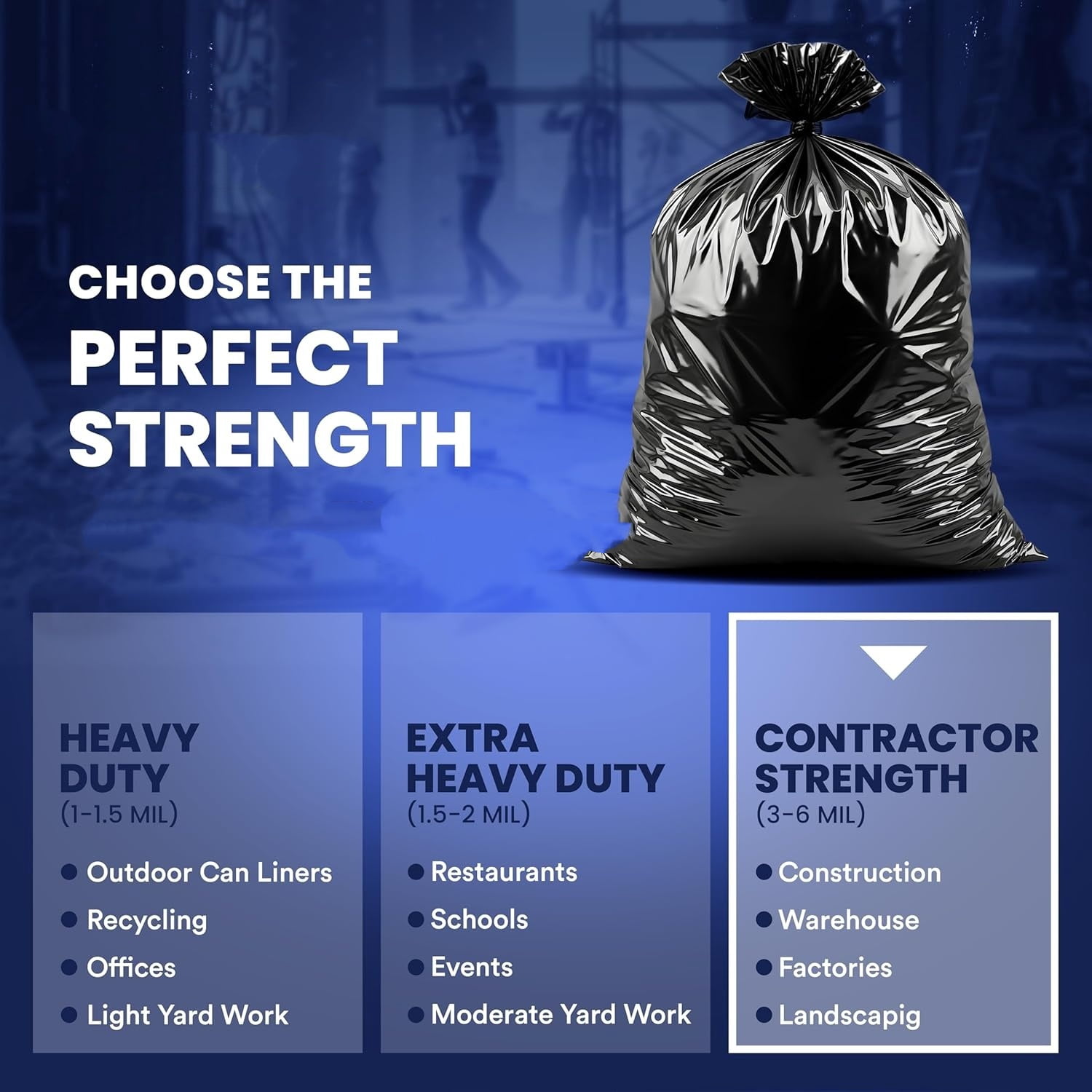 Contractor Trash Bags 42 Gallon │ 6.0 Mil │ Black Heavy Duty Garbage Bag │ 33” x 48” (25 Count)