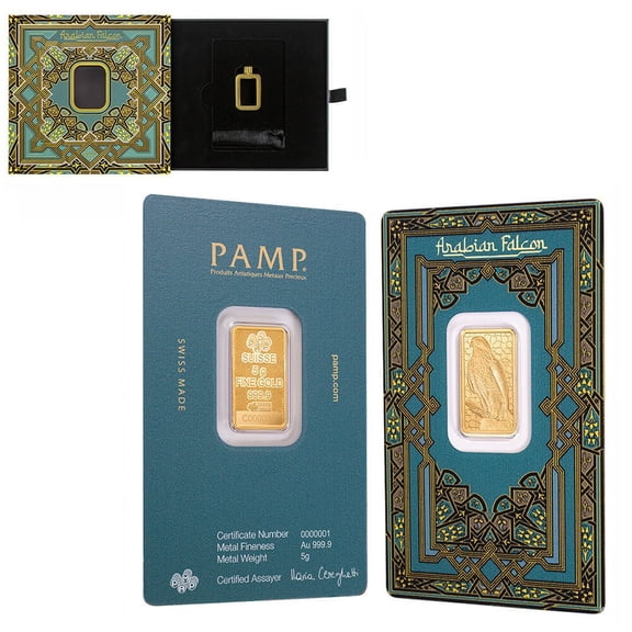 5 Gram PAMP Suisse Arabian Falcon Gold Bar .9999 Fine (w/ Frame)