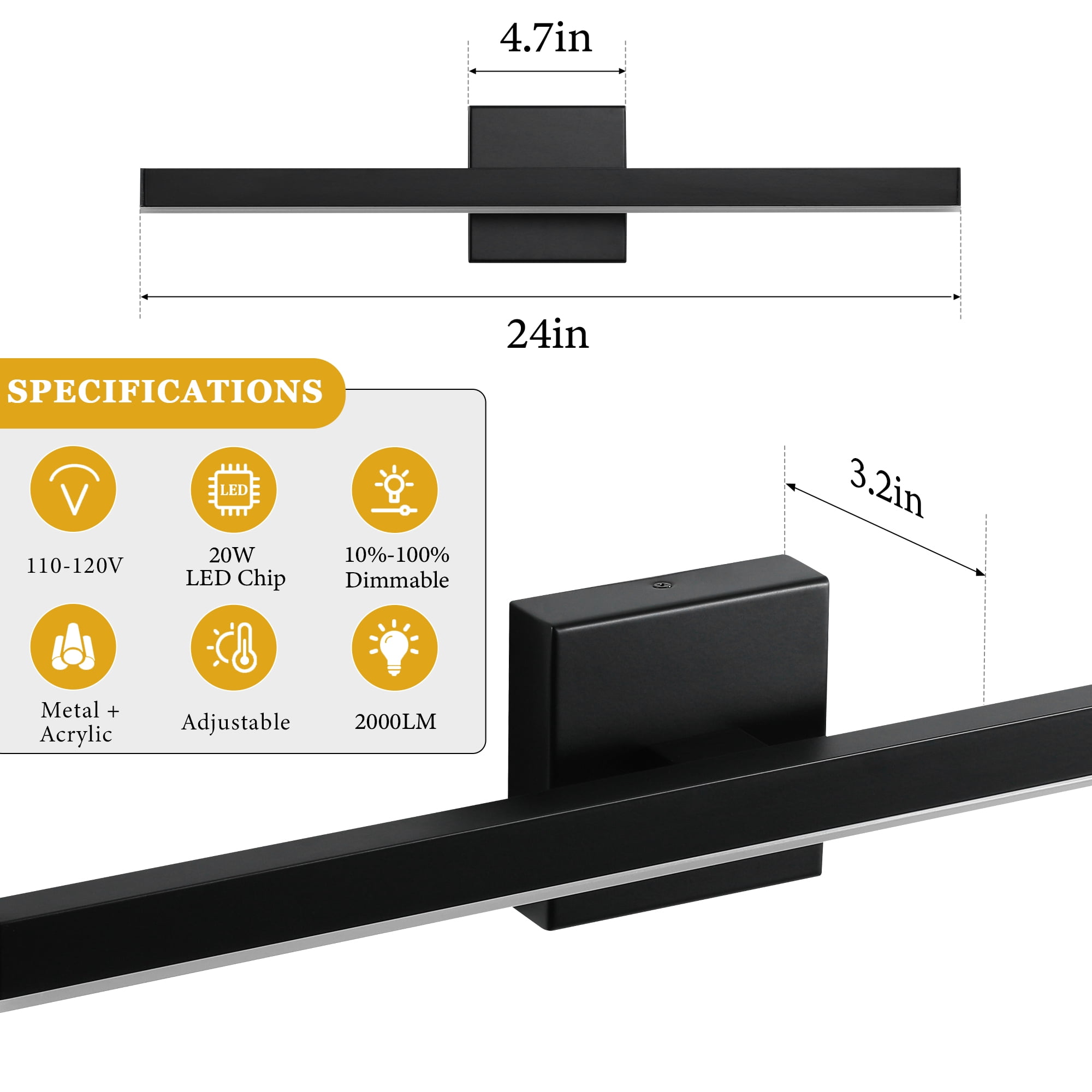 Minimalist Linear LED Modern Lighting Fixtures 24'' Bathroom Black Vanity Light Dimmable Over Mirror Wall Sconce for Bathroom