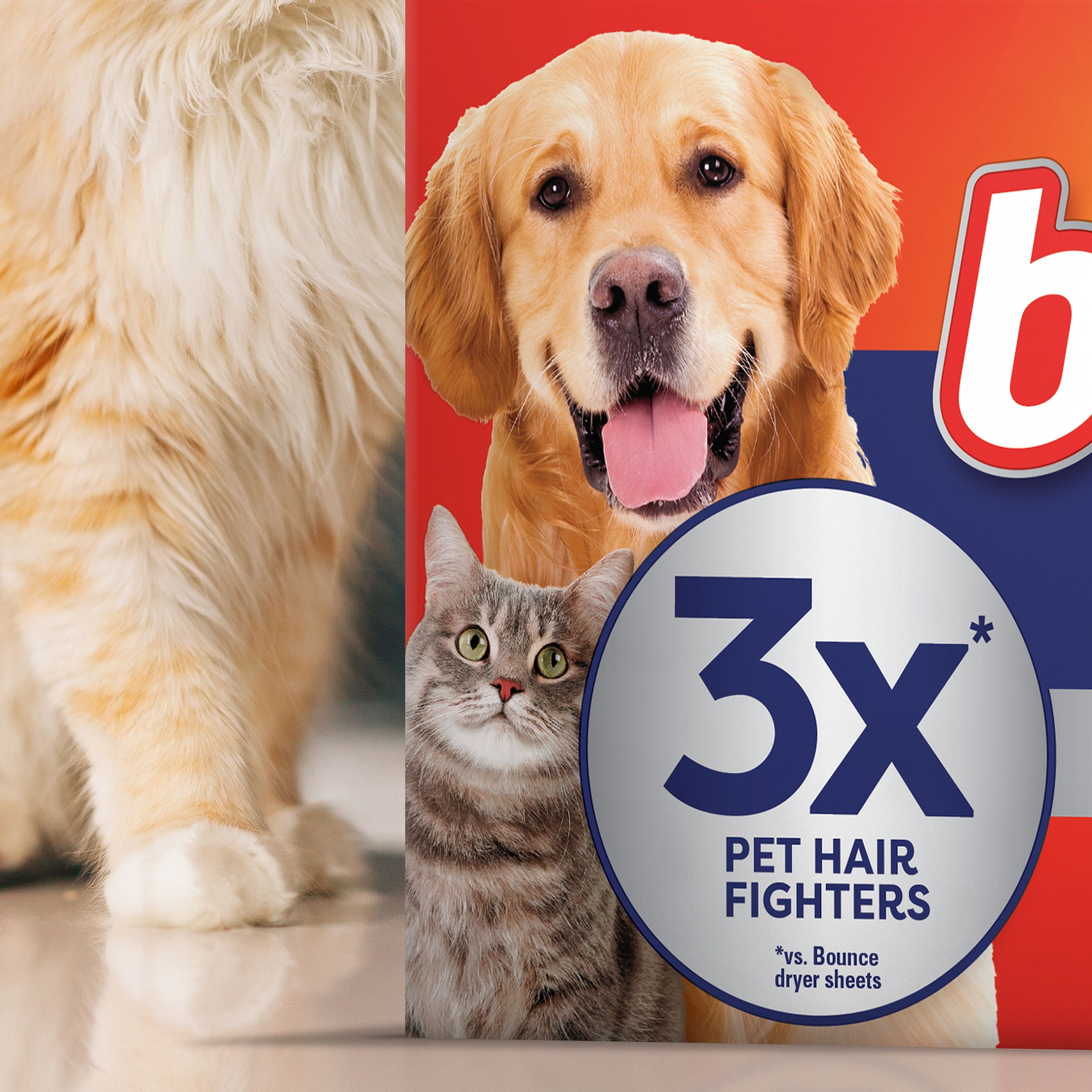 Feuilles assouplissantes méga Bounce Anti-poils d’animaux et anti-peluches avec trois fois les anti-poils d’animaux de compagnie, parfum Frais