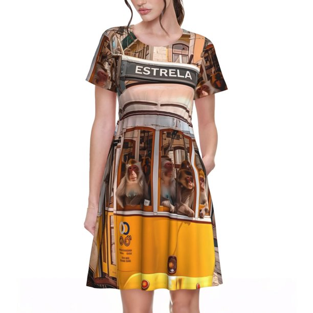 Disketp Modern Urban Monkey para Vestido de Manga Corta para Mujeres, Vestidos de Verano para Mujeres, Casual y Holgado para la Playa