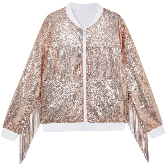 Dealovy Girls Sequin Jackets Spring Summer Long Sleeve Shirts Full Zipper Sparkly Solid Color Tassel Tops
