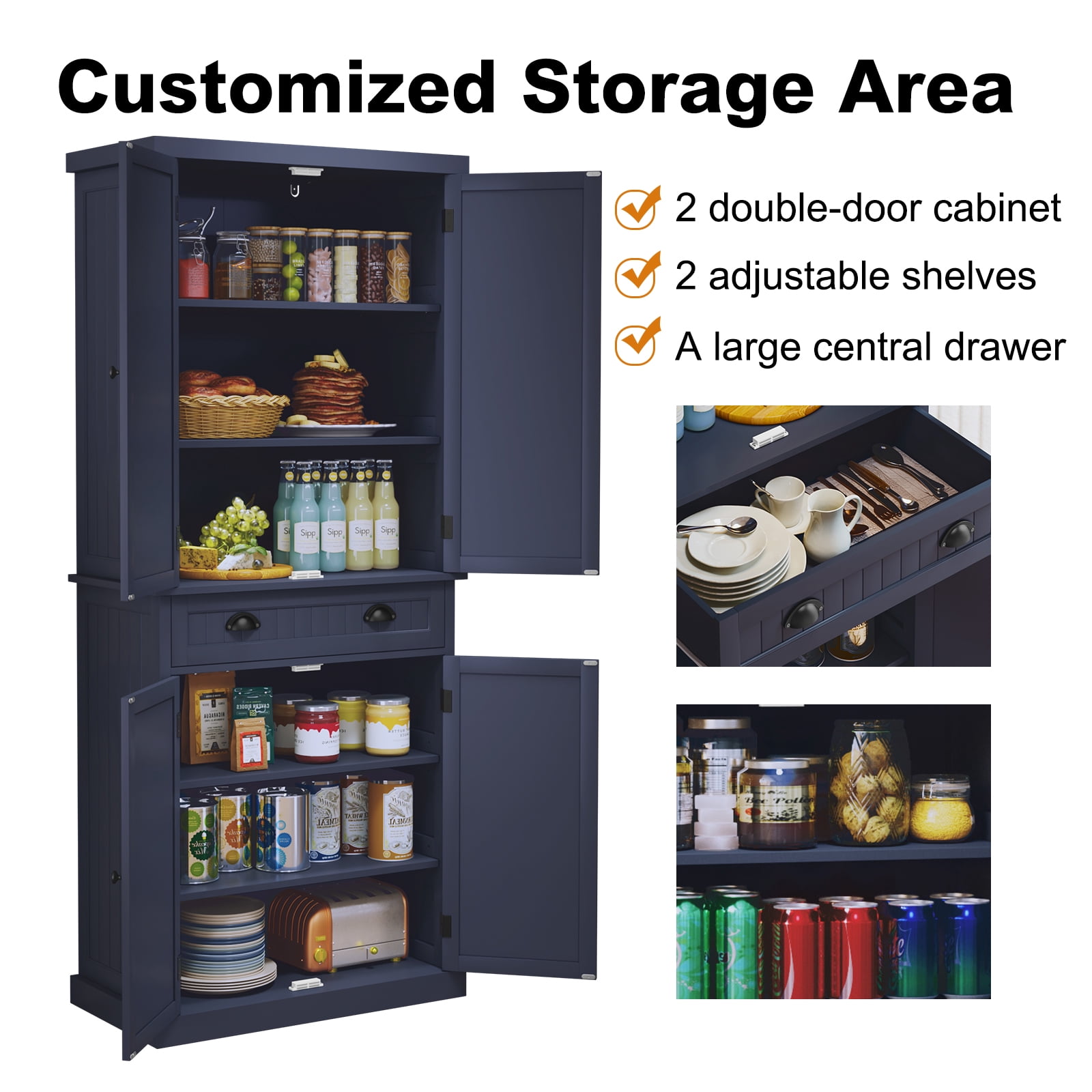 72" Tall Kitchen Pantry Cabinet with Drawer & Adjustable Shelves, Freestanding Storage Cabinet, Navy Blue