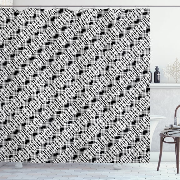 Trellis Shower Curtain, Lattice Lines Modern Monochrome Grid Abstract Zigzags Ornamental Print, Fabric Bathroom Set with Hooks, 69W X 75L Inches Long, Charcoal Grey and White, by Ambesonne