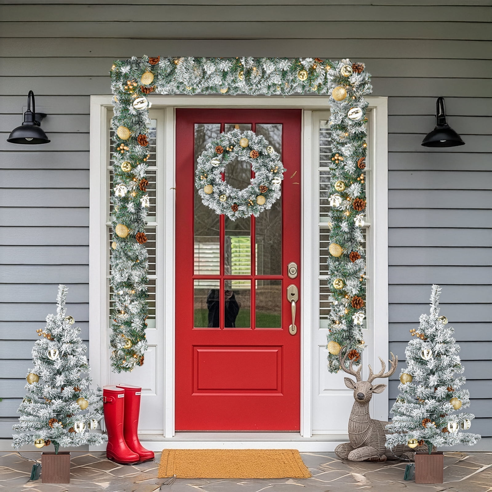 4-Piece Pre-Lit Snow Flocked Christmas Decor Set, 2x3FT Trees 21" Wreath 9FT Garland 230 Warm White LED 8 Modes Remote Control for Indoor Covered Outdoor Entryway Holiday Decor