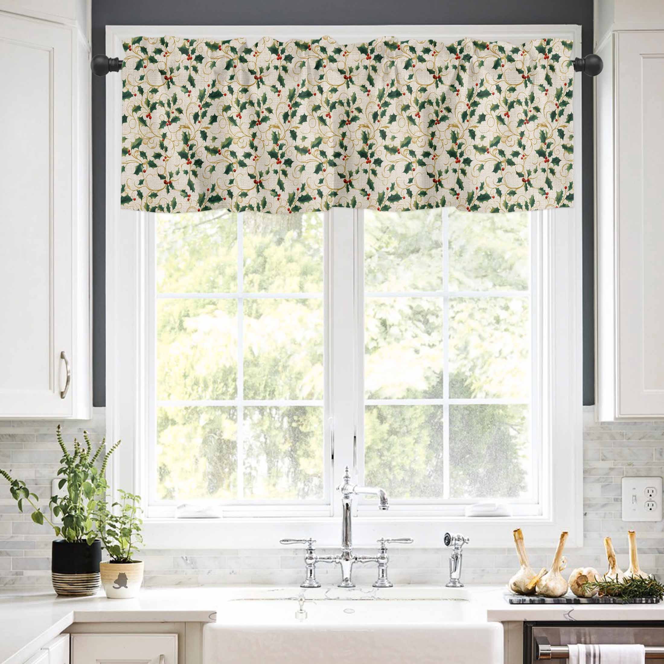 Winter Christmas Valances for Windows Holly Berry Plants Leaves Linen Grain Rod Pocket Curtain Valance Window Treatment Short Curtains for Kitchen Living Room, 60"x18"