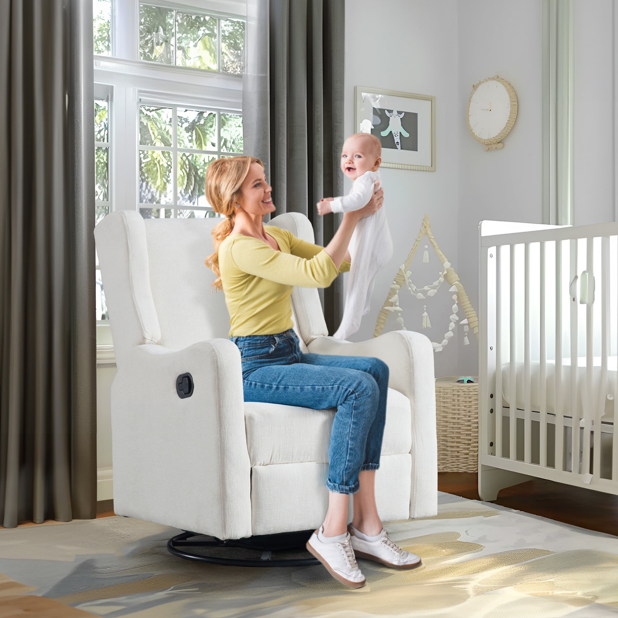 Lunale Swivel Glider Rocking Chair for Nursery, Wingback Upholstered Glider Rocker for Living Room, Beige Chenille Fabric