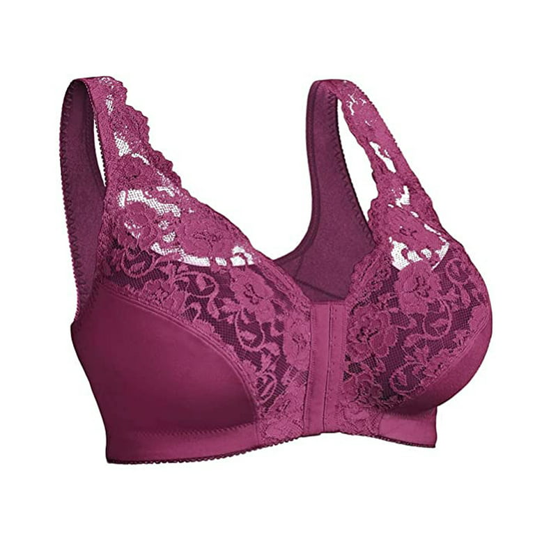 Sksloeg Bras for Women No Underwire Front Closure Lace Mesh V-Neck Bra Full  Coverage Back Support Wireless Plus Size Bras for Women,Hot Pink 6X-Large