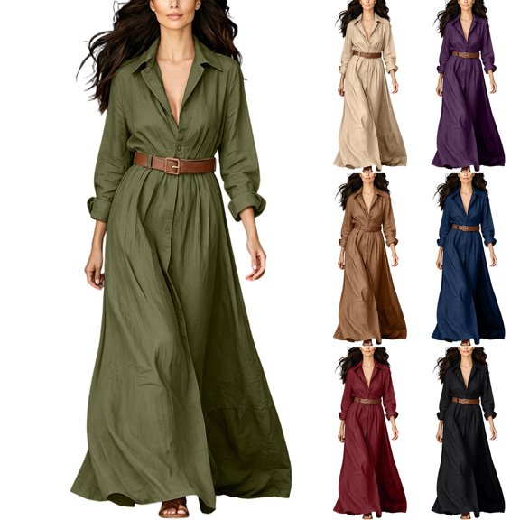 HBGVBA Women's Maxi Shirt Dresses Long Sleeve Collared Button Belted Waist Solid Color Dress