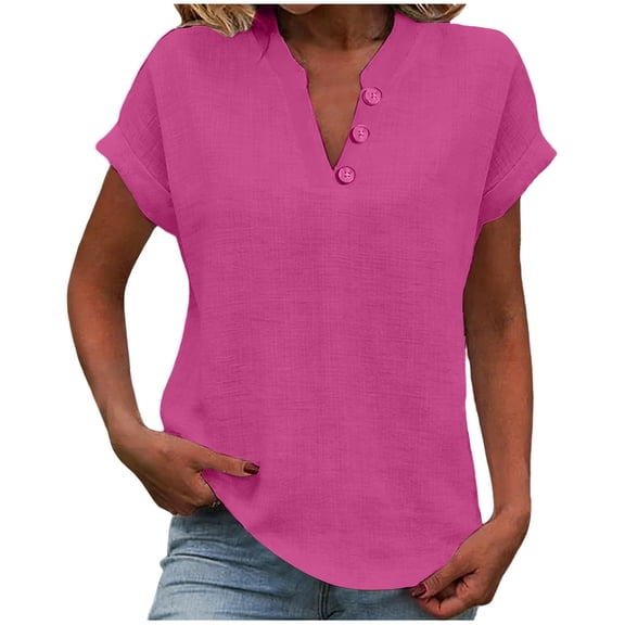 Linen Shirt for Women Summer Button Down Short Sleeve V Neck Tops Solid Color Comfy Blouses Casual Dressy Tunic Top