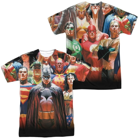 JLA Wall of Heroes Unisex Adult Sublimated Costume T Shirt (Front/Back), Small Multicolor