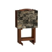 Linon Wood Five Piece Folding Tray Table Set with Stand in Brown Faux Marble