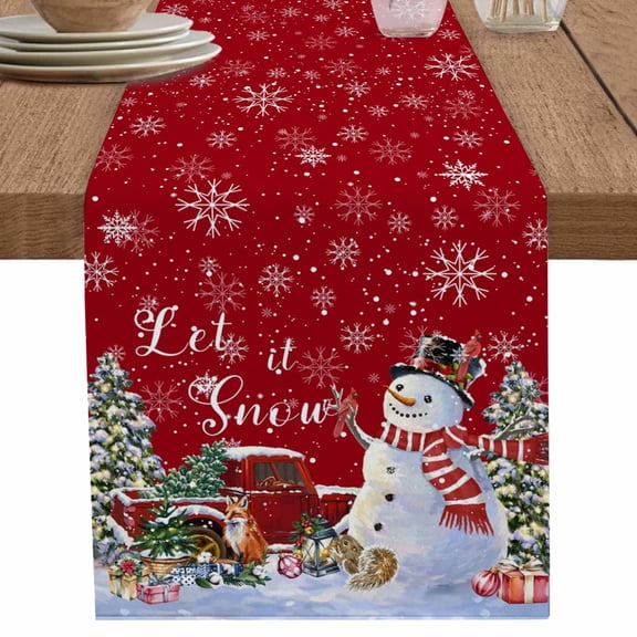 nqOlkjepod Red Snowman Christmas Table Runner 60 Inches Long Farmhouse Dress Scarves, Snowflake Red Truck Xmas Tree Gifts Dining Tablerunner for Coffee Table/Kitchen Island/Party Décor, 13" x 60"