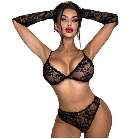 

VerPetridure Women s Bikini Brief Underwear Thongs for Women Panties Sexy Women Lace Mesh Lingerie Babydoll Underwear Sleepwear Intimates Panties Bra+Underpants+Cuff Set