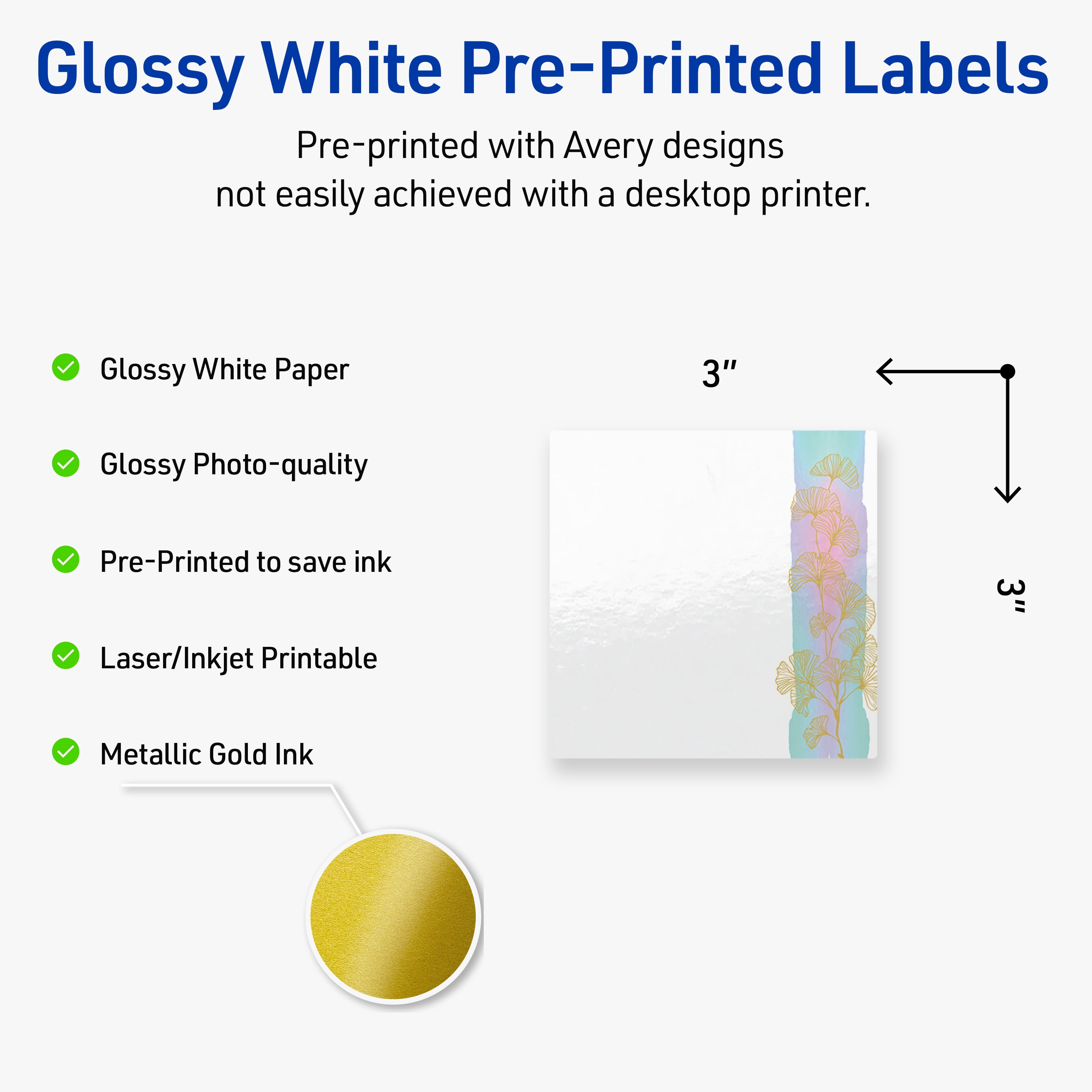 Avery Square Labels, Floral Design, 3" x 3", 60 Total, Glossy, Watercolors with Gold Ginkgo Leaves