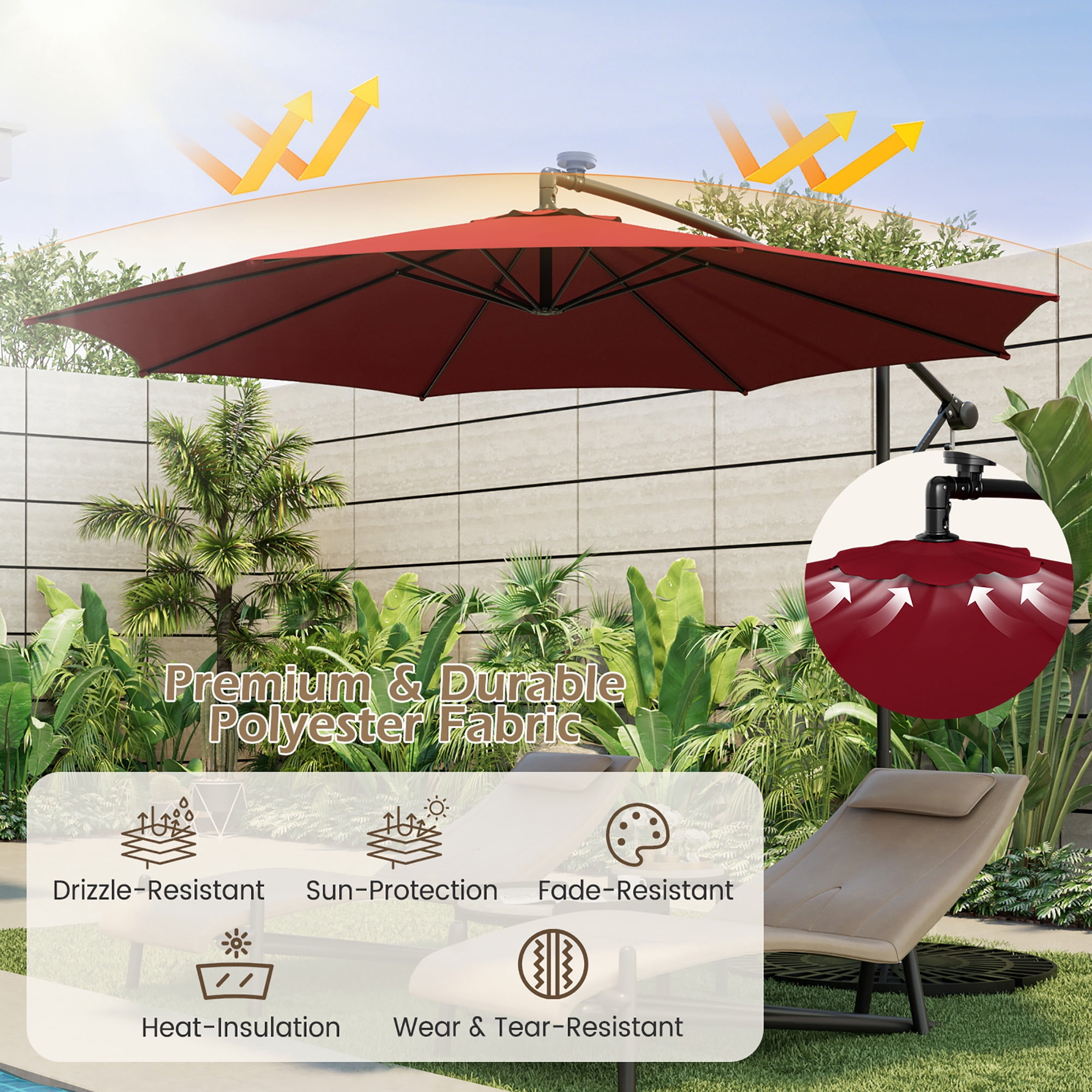Costway 10ft Red Octagon Patio Solar-Lighted 112 LED Cantilever Offset Umbrella, Fade Resistant
