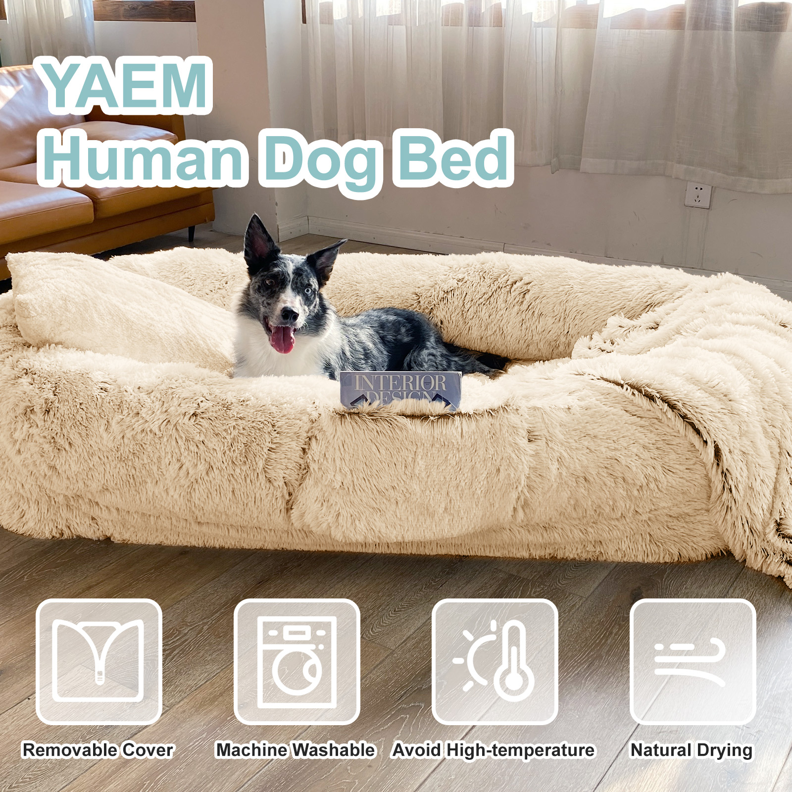 Dokdogs Oversized Human Dog Bed for Adults & Pets, 70"x44"x11" Washable Faux Fur Lounger with Orthopedic Support, Plush Pillow & Blanket Included - Beige