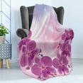 thumbnail image 4 of Floral Soft Flannel Fleece Throw Blanket, Exotic Orchid Flowers Flourishing on Abstract Background Circles Stars, Cozy Plush for Indoor and Outdoor Use, 50" x 70", Purple Pale Pink Blue, by Ambesonne, 4 of 5